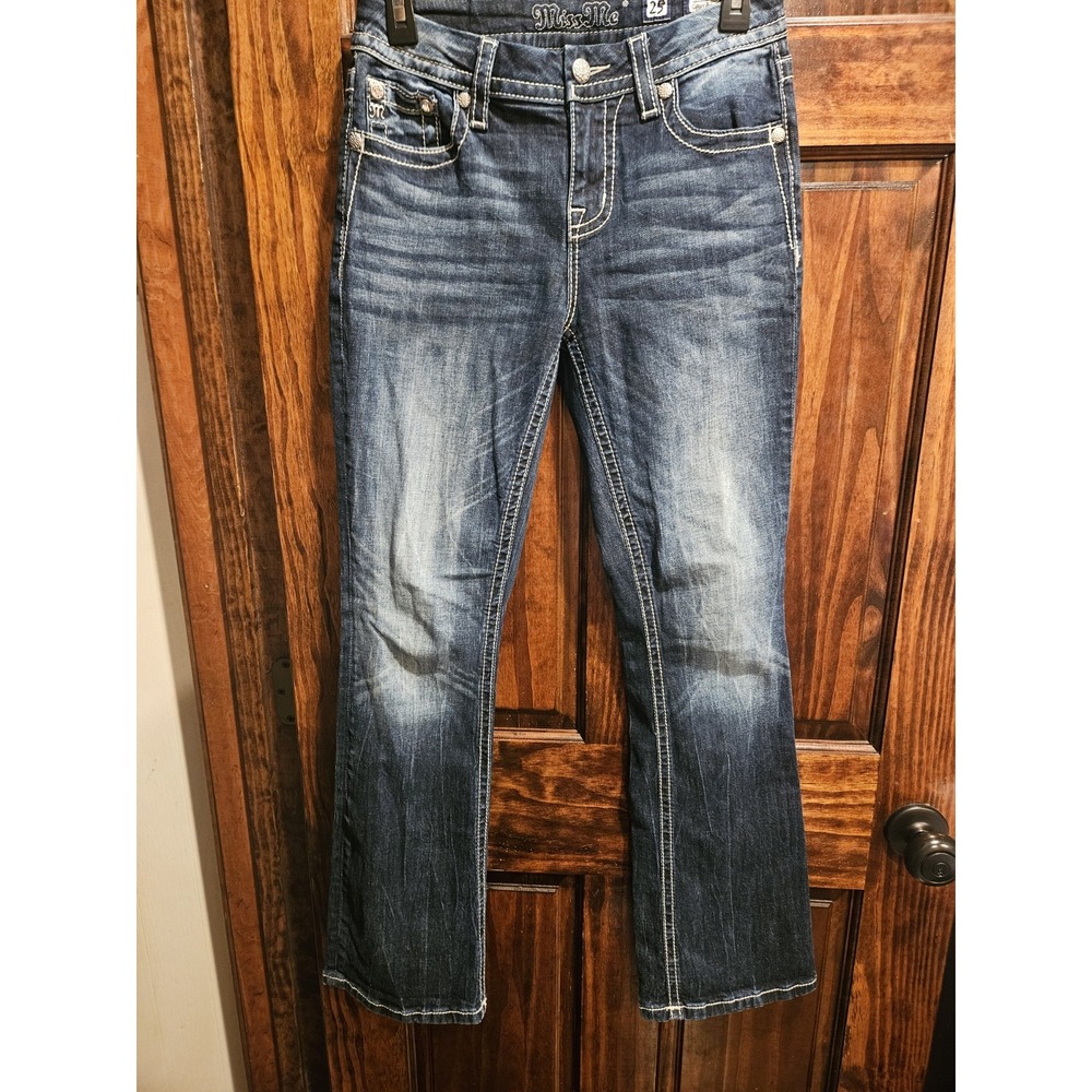 Miss Me Mid Rise Curvy Bootcut Jeans Distressed Embroidered Pocket Blue Size 25